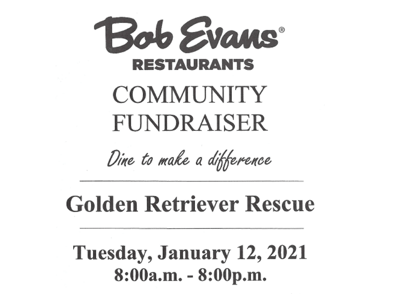 Bob Evans Restaurants Community Fundraiser event January 9th benefiting Golden Retriever Rescue Resource, serving Ohio, Michigan and Indiana.